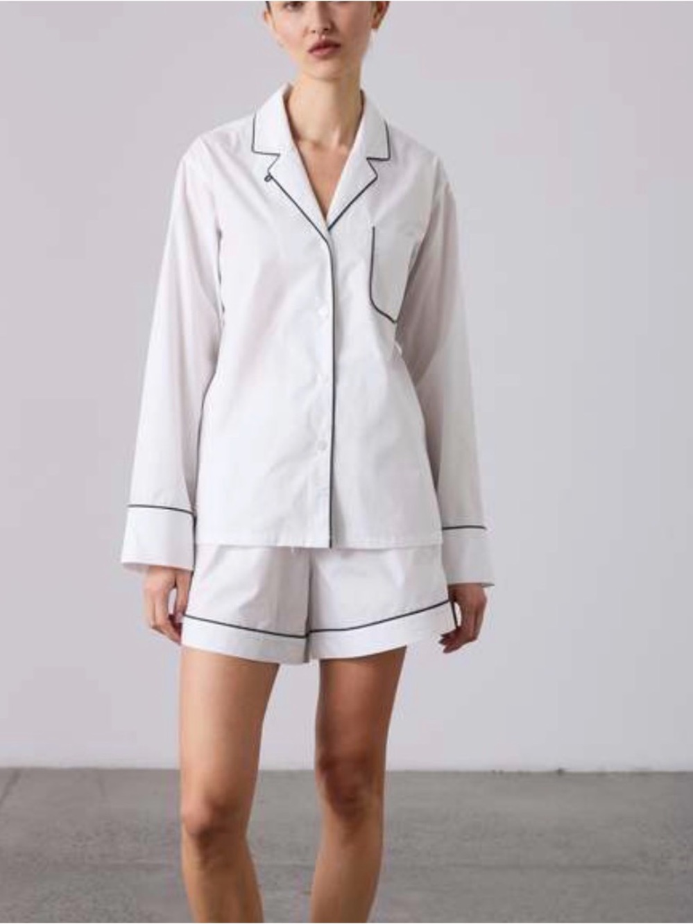 Commense NWT White Cotton-Blend Pajama Set with gray Piping